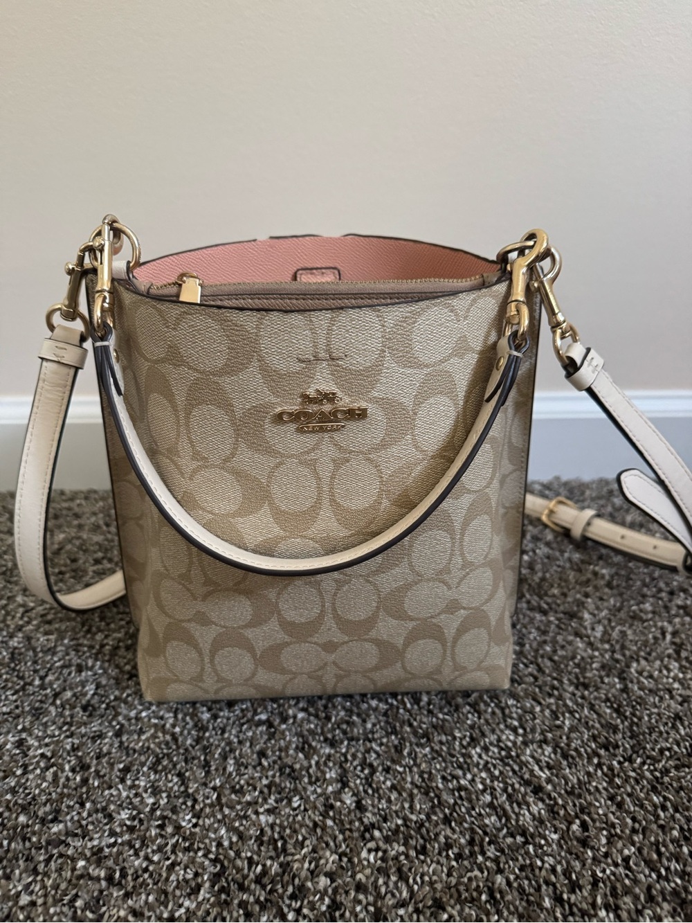 Coach Signature Canvas Crossbody with Pink Lining